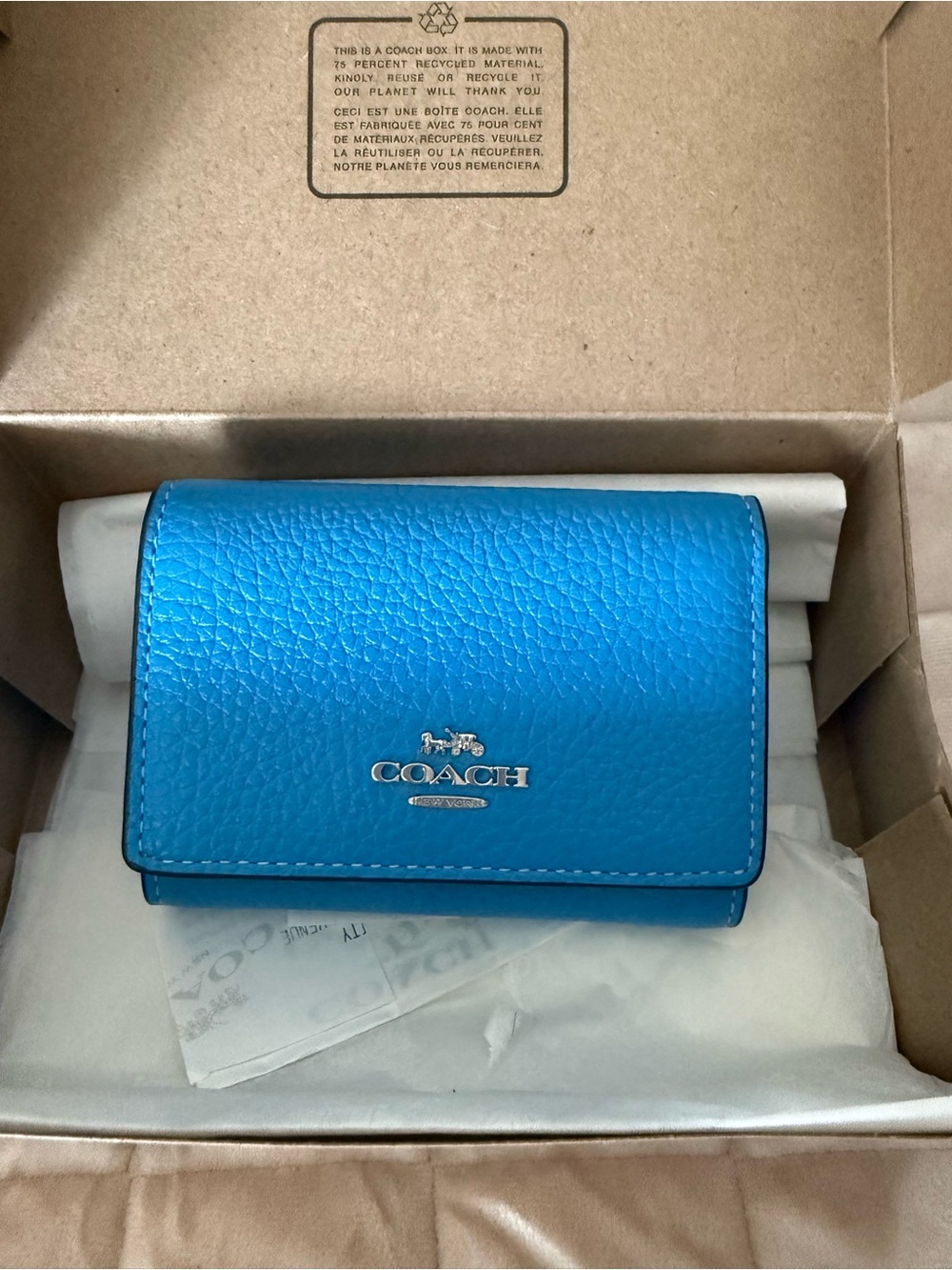 Coach Pebbled Leather Compact Wallet in Bright Blue